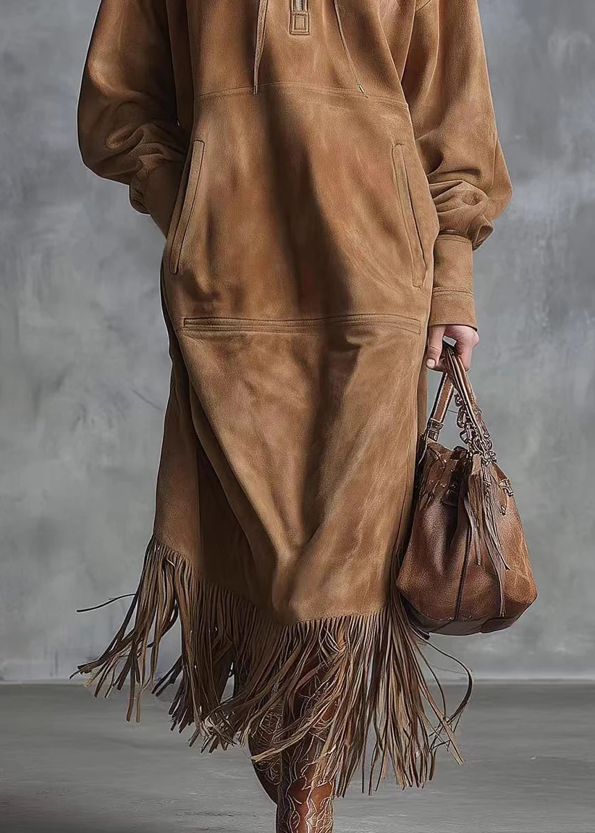 Bohemian Yellow Tassel Faux Suede Maxi Dress Spring - Image 3