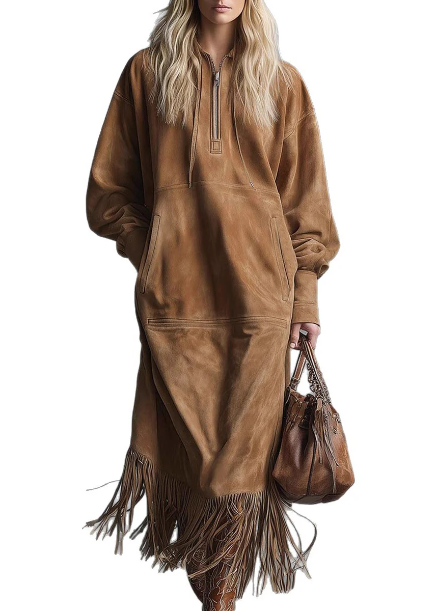 Bohemian Yellow Tassel Faux Suede Maxi Dress Spring - Image 5