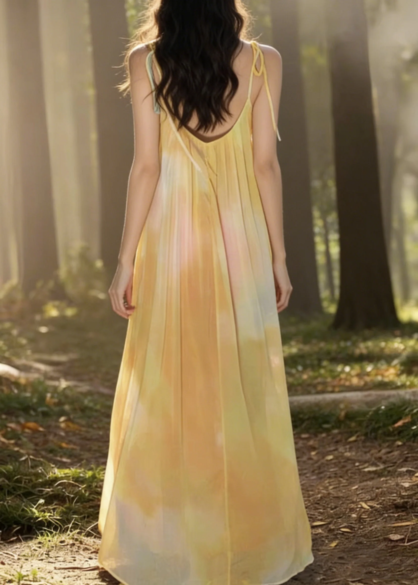 Bohemian Yellow Tie Dye Backless Chiffon Spaghetti Strap Dress Sleeveless - Image 2