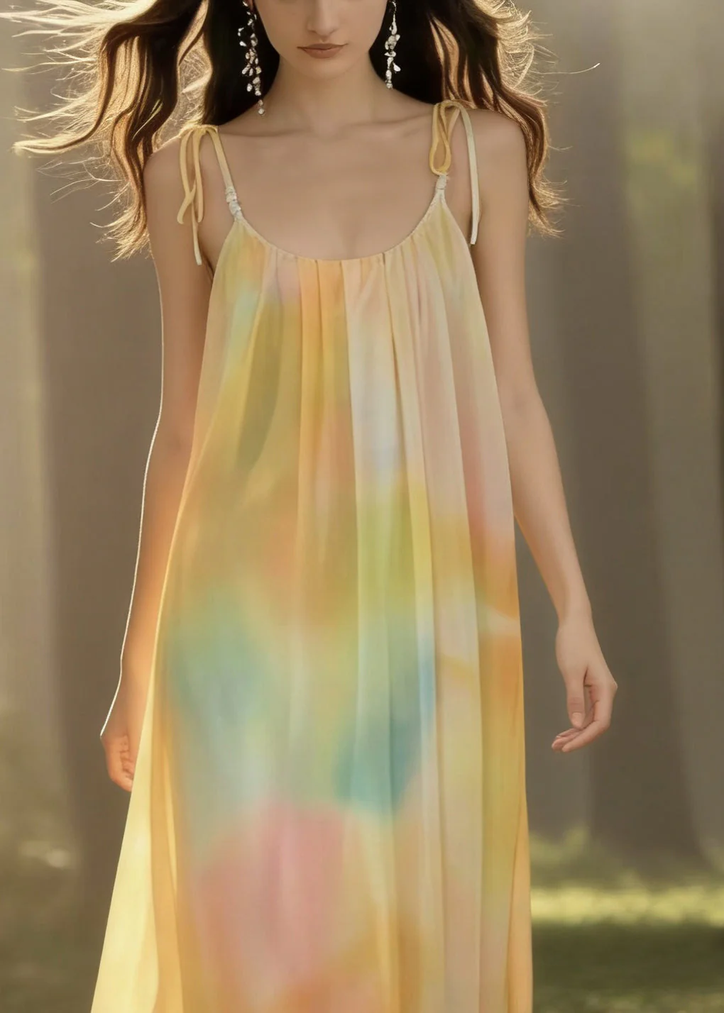 Bohemian Yellow Tie Dye Backless Chiffon Spaghetti Strap Dress Sleeveless - Image 3