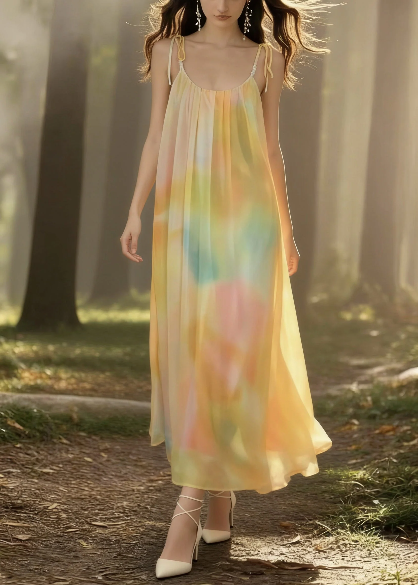 Bohemian Yellow Tie Dye Backless Chiffon Spaghetti Strap Dress Sleeveless - Image 4