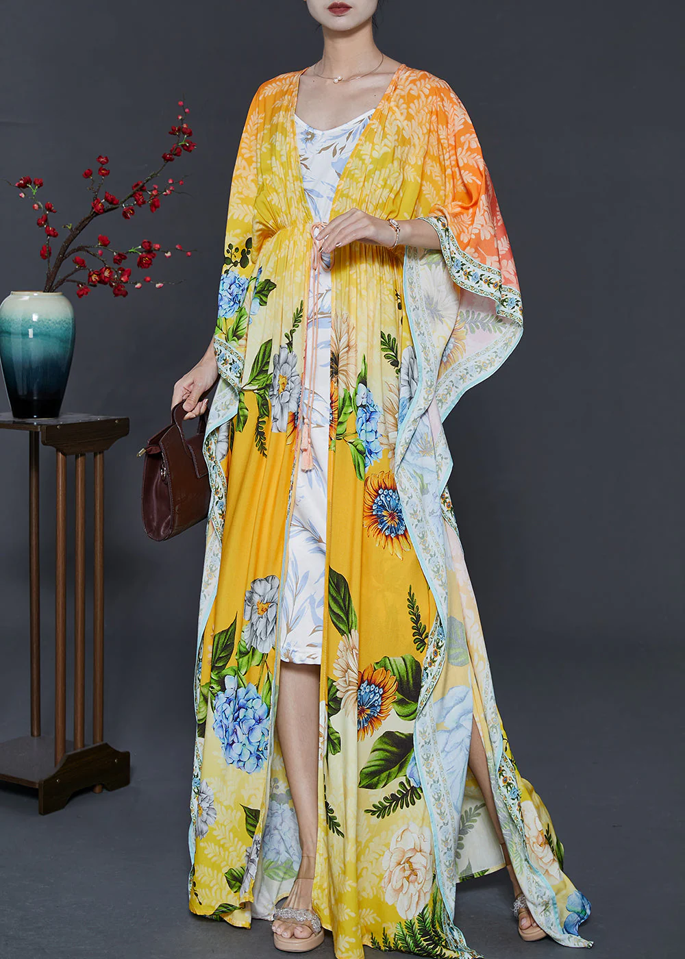 Bohemian Yellow Tie Waist Print Chiffon Beach Dresses Fall - Image 2