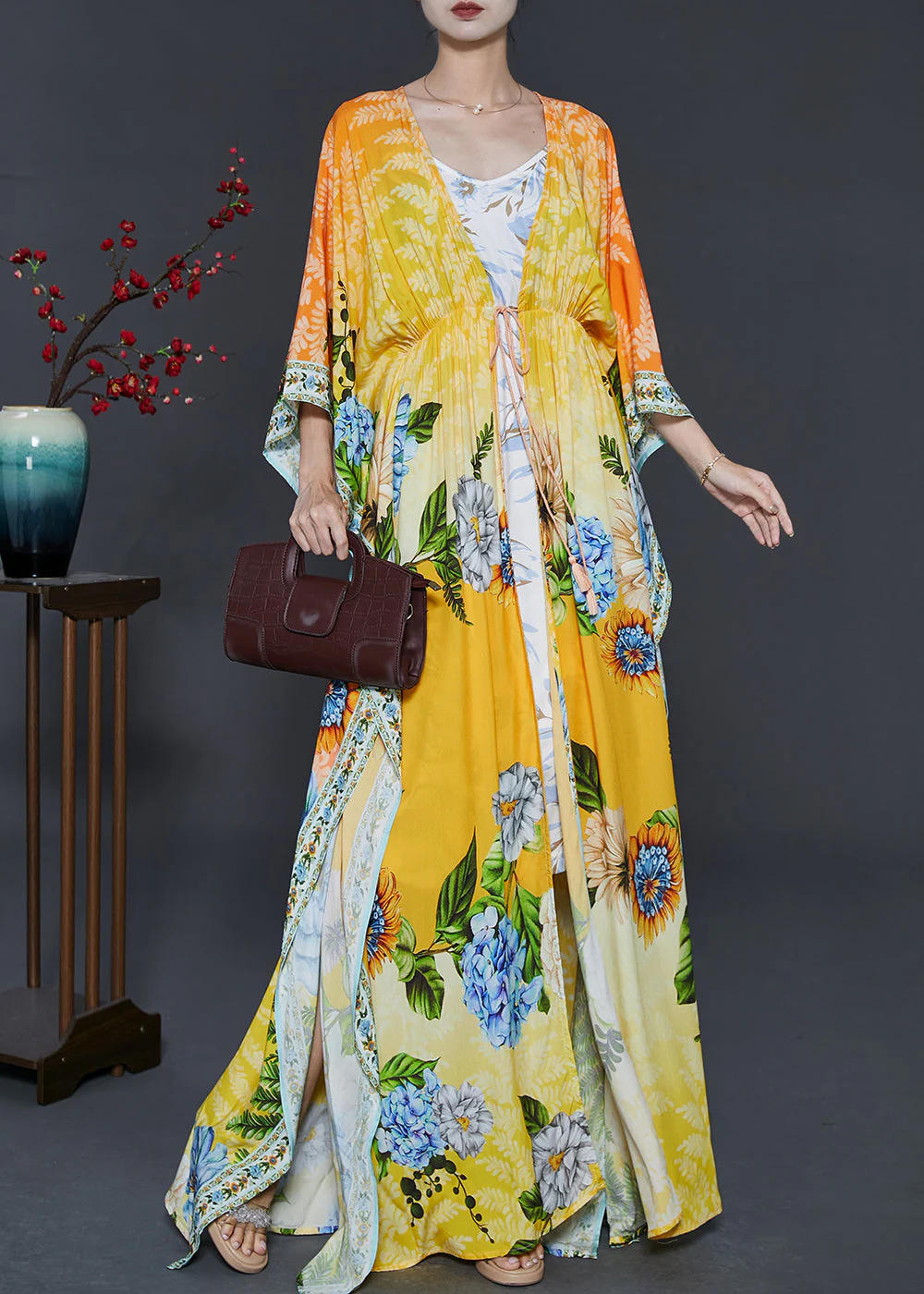Bohemian Yellow Tie Waist Print Chiffon Beach Dresses Fall - Image 3