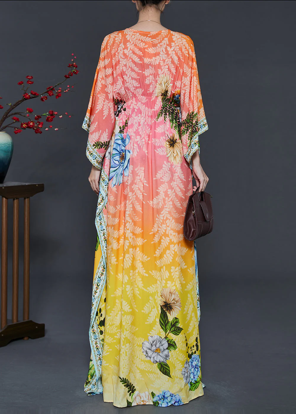 Bohemian Yellow Tie Waist Print Chiffon Beach Dresses Fall - Image 4