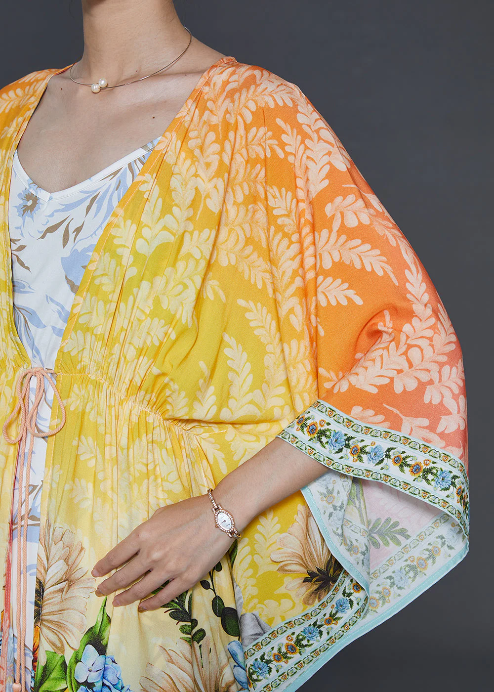 Bohemian Yellow Tie Waist Print Chiffon Beach Dresses Fall - Image 5