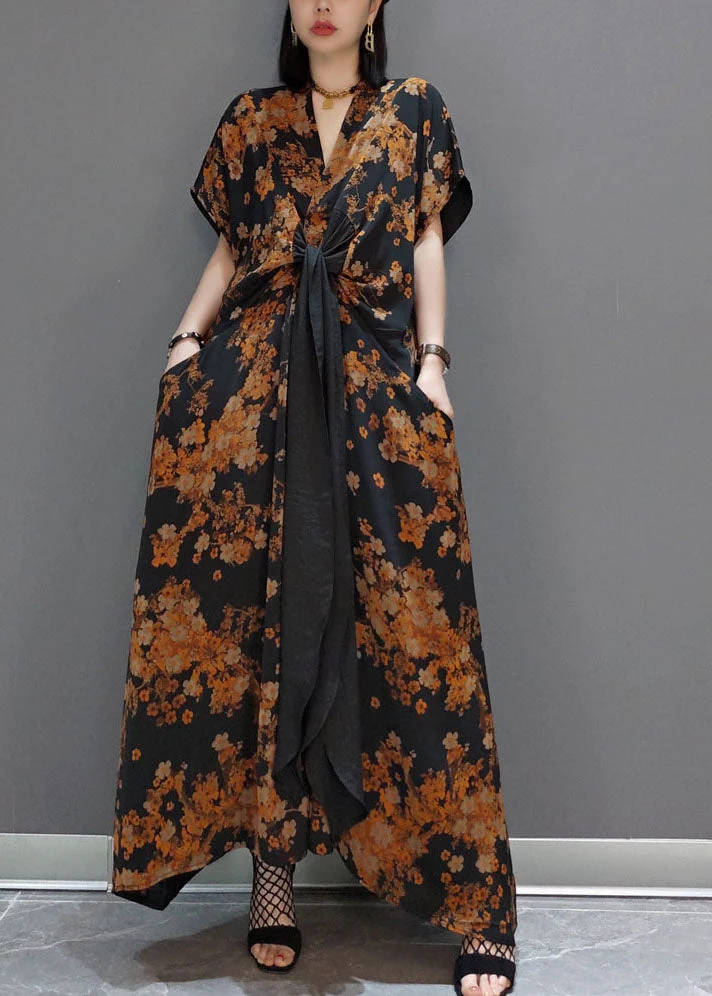 Bohemian Yellow tie waist Print Silk long Dress Spring - Image 2