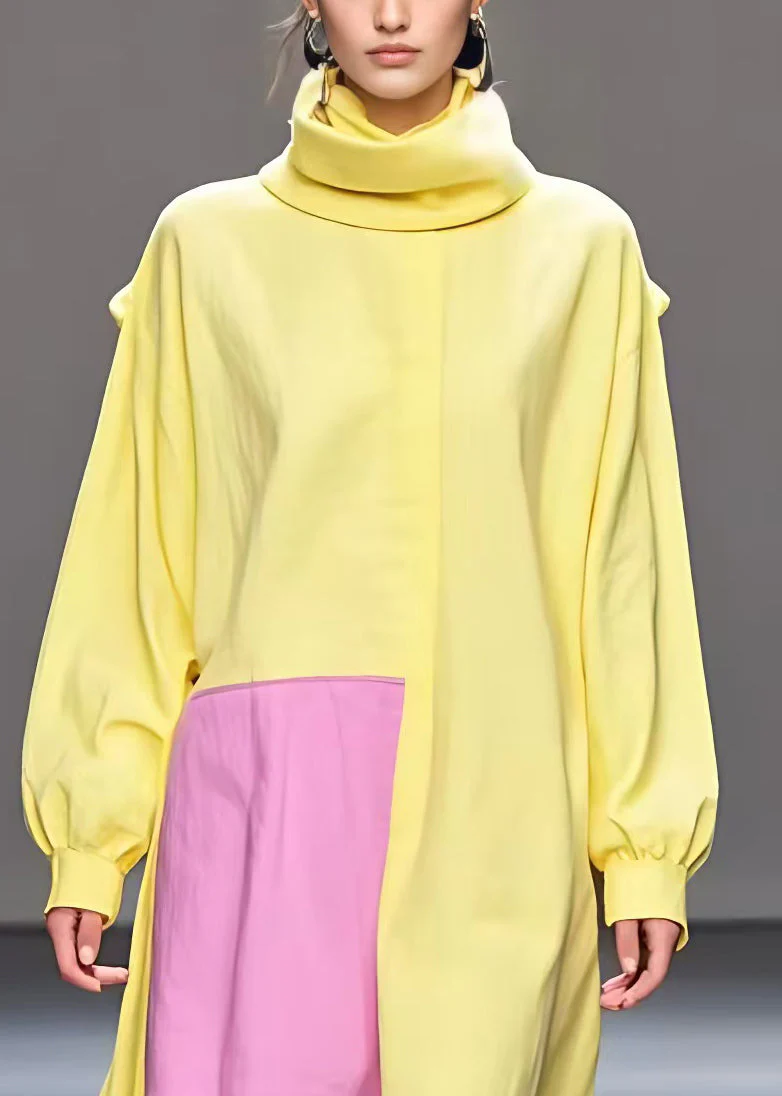 Bohemian Yellow Turtleneck Low High Design Cotton Dresses Fall - Image 3