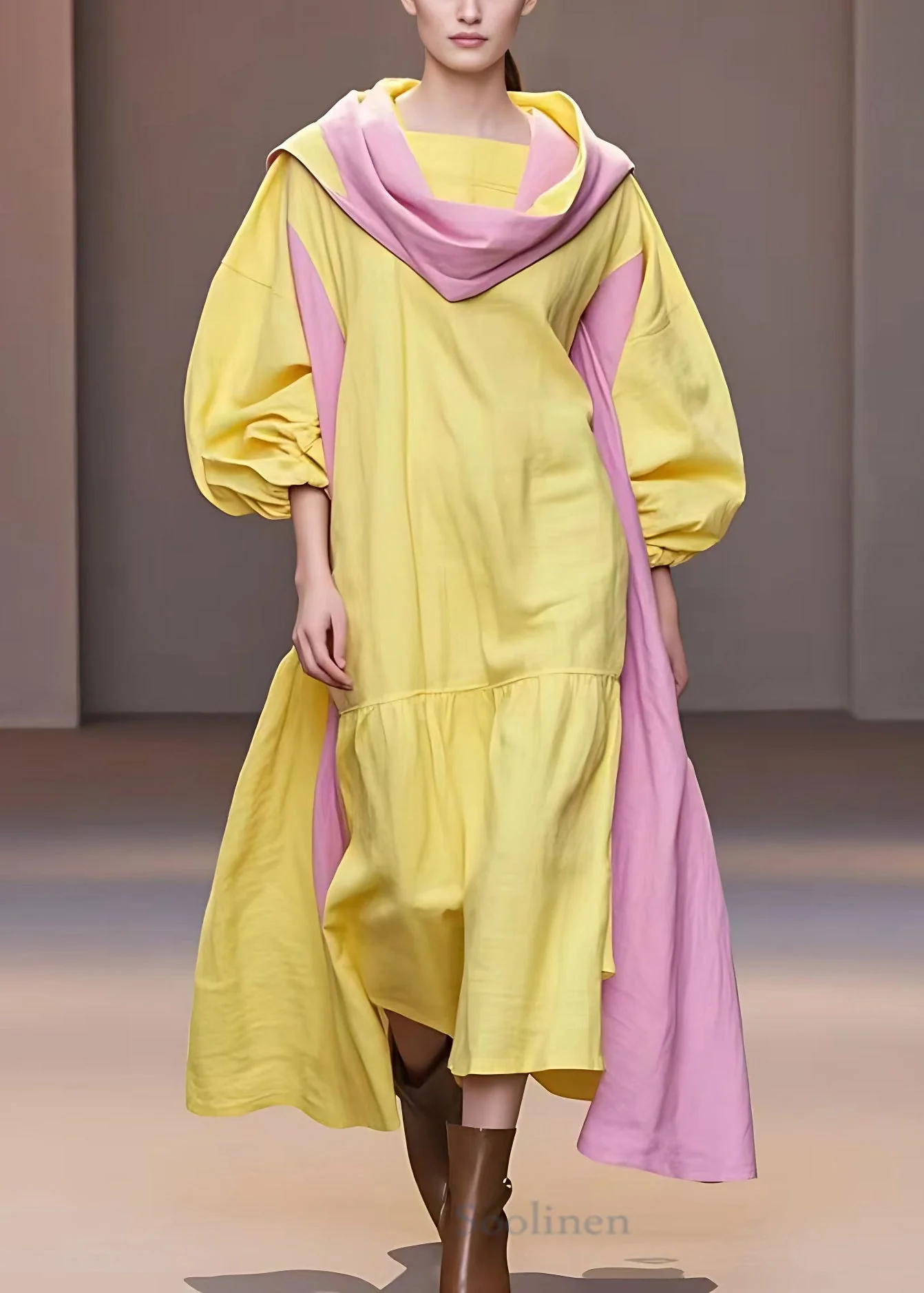 Bohemian Yellow Turtleneck Patchwork Cotton Long Dresses Fall - Image 2