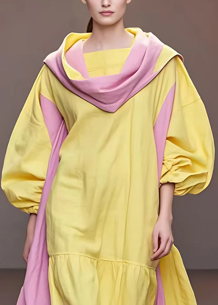 Bohemian Yellow Turtleneck Patchwork Cotton Long Dresses Fall - Image 3