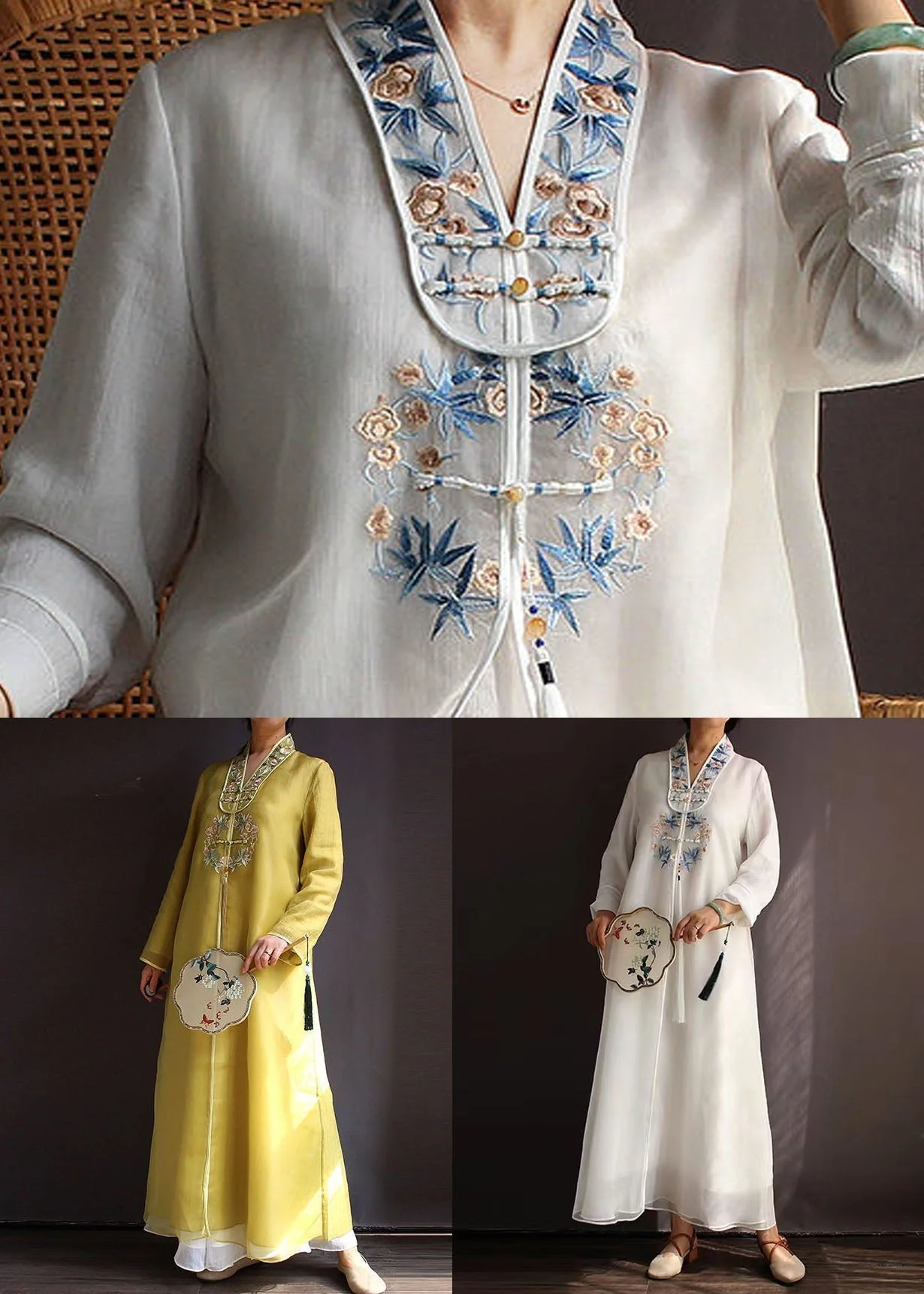 Bohemian Yellow V Neck Embroideried Patchwork Silk Dress Spring - Image 4