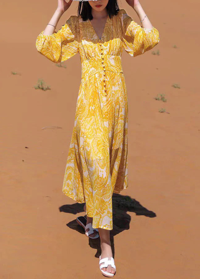 Bohemian Yellow V Neck Print Chiffon Long Dresses Fall - Image 2