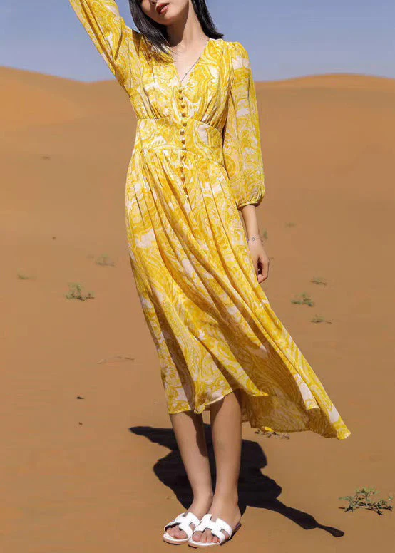 Bohemian Yellow V Neck Print Chiffon Long Dresses Fall - Image 3