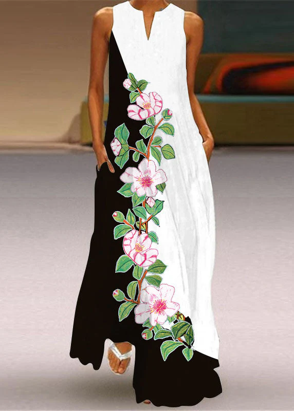 Bohemian Yellow V Neck Print Chiffon Maxi Dress Sleeveless - Image 2