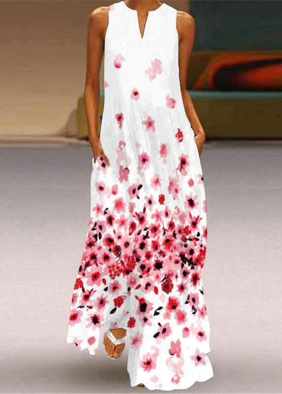 Bohemian Yellow V Neck Print Chiffon Maxi Dress Sleeveless - Image 3
