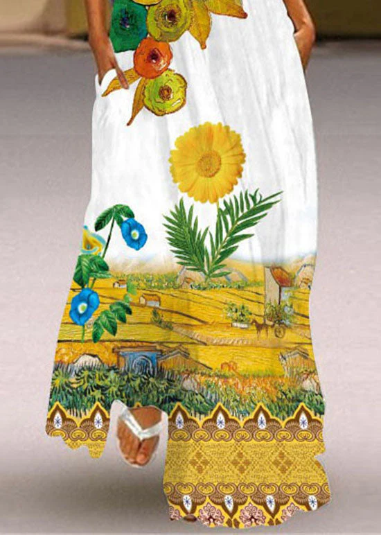 Bohemian Yellow V Neck Print Chiffon Maxi Dress Sleeveless - Image 4