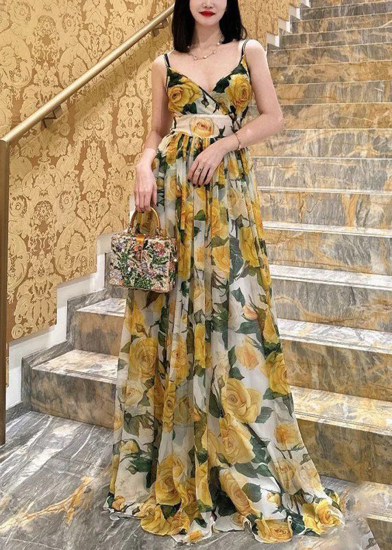 Bohemian Yellow V Neck Print Chiffon Spaghetti Strap Dress Sleeveless - Image 2