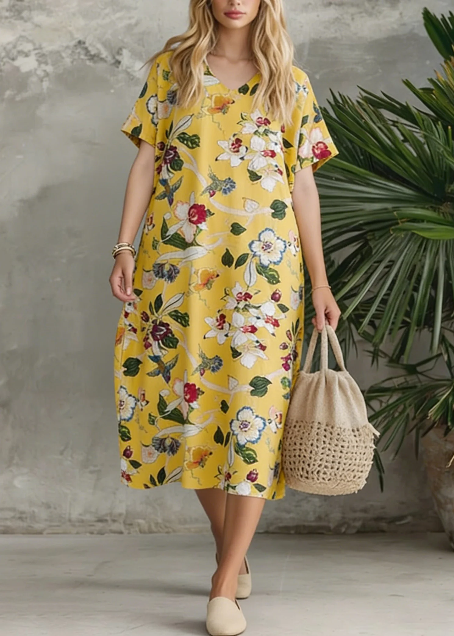 Bohemian Yellow V Neck Print Loose Cotton Dress Summer - Image 3