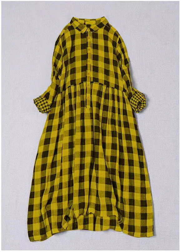 Bohemian Yellow White Plaid PeterPan Collar Pockets Button Fall Patchwork Dresses