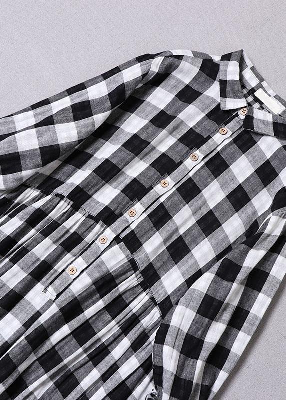Bohemian Yellow White Plaid PeterPan Collar Pockets Button Fall Patchwork Dresses - Image 6