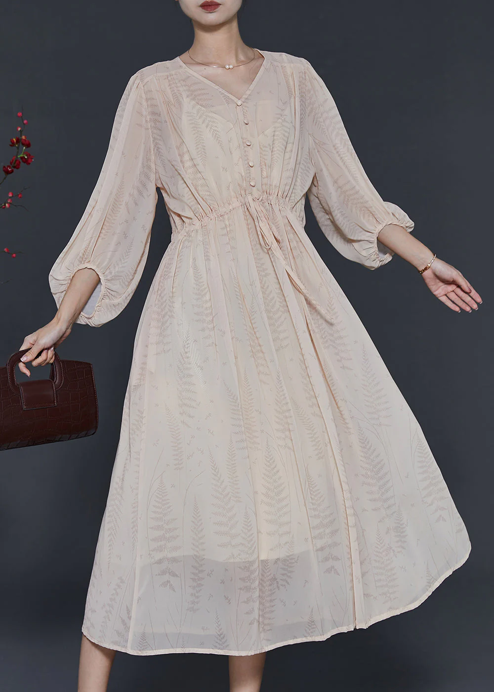 Boho Apricot Cinched Print Chiffon Dresses Summer - Image 2