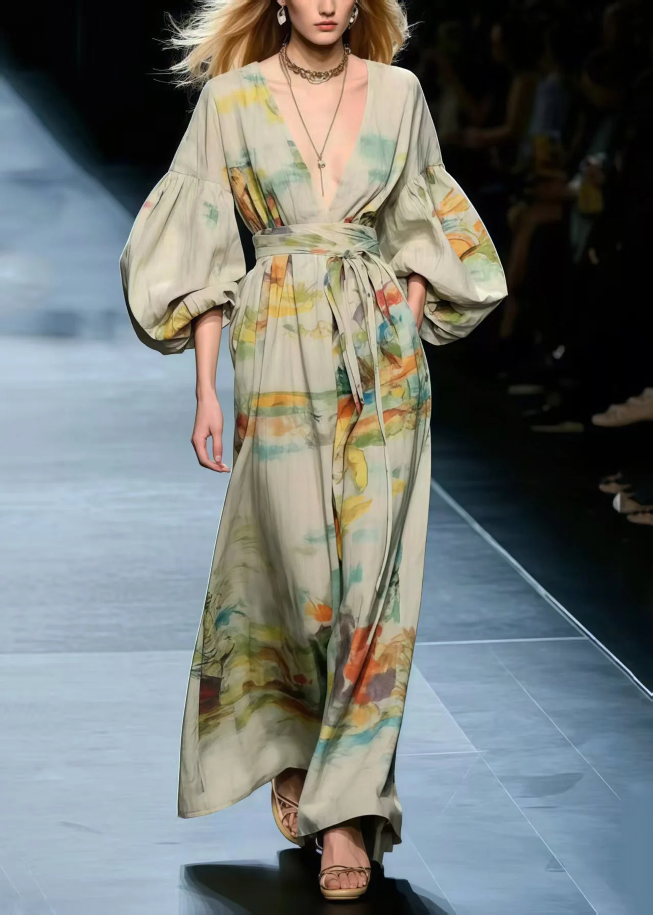 Boho Apricot Cinched Print Cotton Long Dress Lantern Sleeve - Image 5