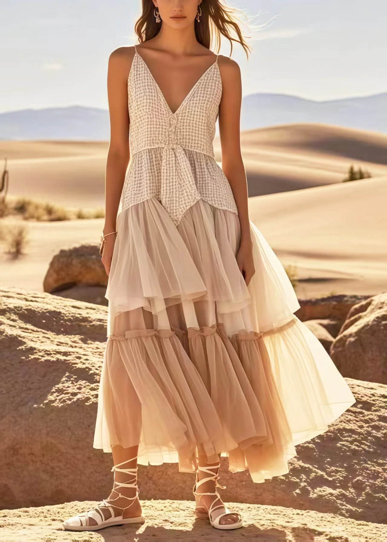 Boho Apricot Exra Large Hem Patchwork Tulle Sundress Summer - Image 3