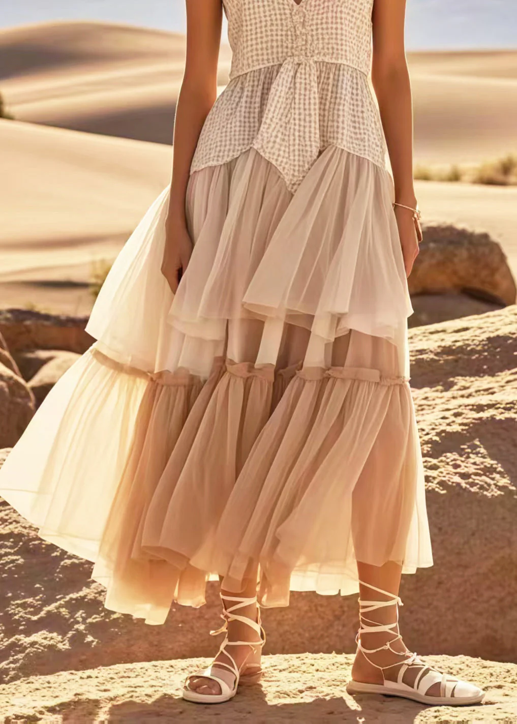 Boho Apricot Exra Large Hem Patchwork Tulle Sundress Summer - Image 4