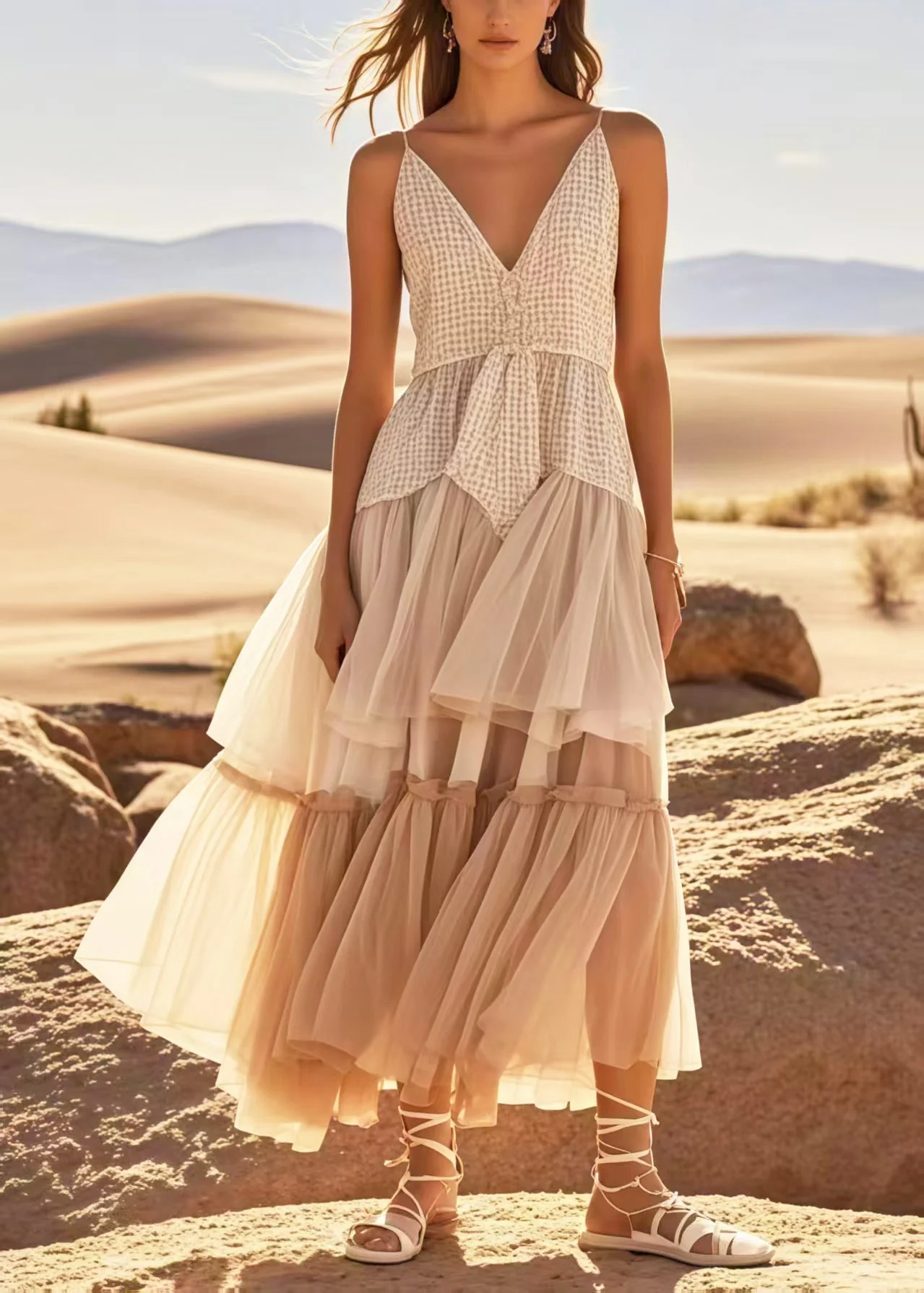 Boho Apricot Exra Large Hem Patchwork Tulle Sundress Summer - Image 5