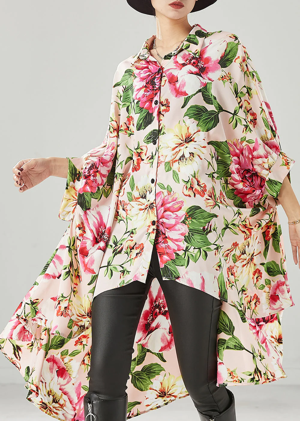 Boho Apricot Print Low High Design Chiffon Shirt Dresses Spring - Image 2