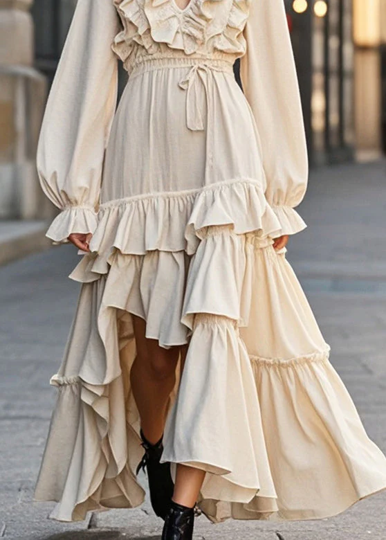 Boho Apricot Ruffled Asymmetrical Design Cotton Cinched Dress Spring - Image 4