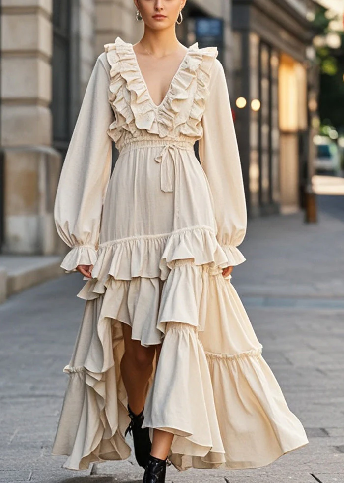 Boho Apricot Ruffled Asymmetrical Design Cotton Cinched Dress Spring - Image 5