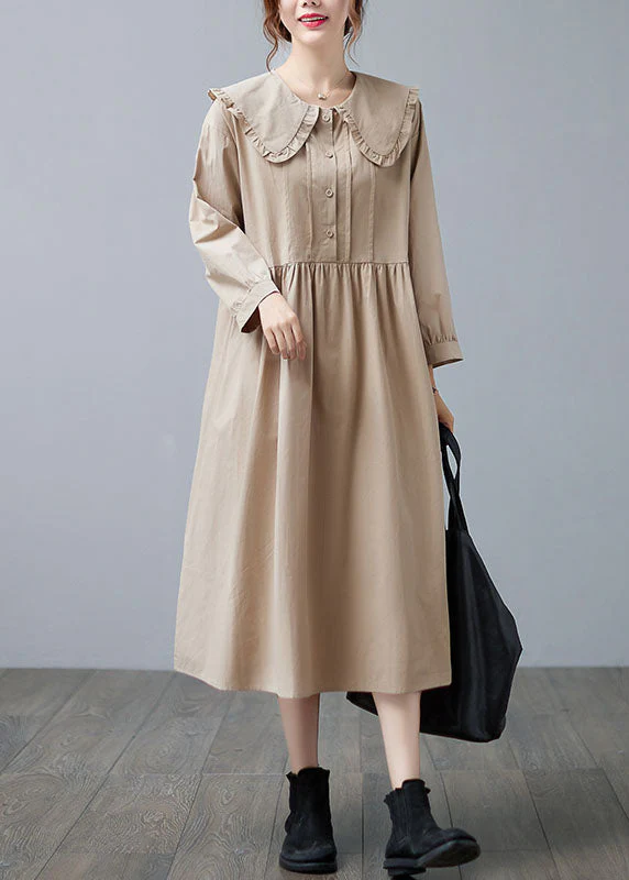 Boho Apricot Ruffled Patchwork Button Fall Dress Long sleeve - Image 2