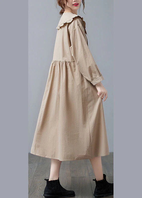 Boho Apricot Ruffled Patchwork Button Fall Dress Long sleeve - Image 3