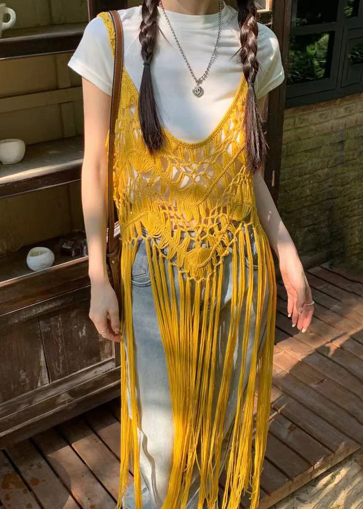 Boho Apricot Tasseled Hollow Out Spaghetti Strap Dresses Summer - Image 2