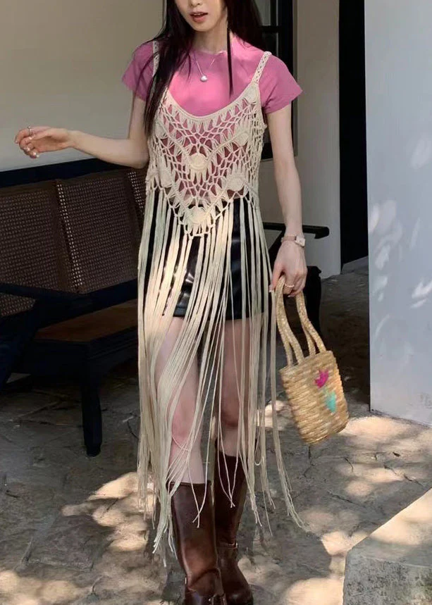 Boho Apricot Tasseled Hollow Out Spaghetti Strap Dresses Summer - Image 3