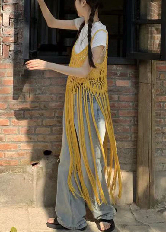 Boho Apricot Tasseled Hollow Out Spaghetti Strap Dresses Summer - Image 4
