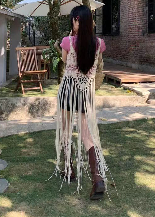 Boho Apricot Tasseled Hollow Out Spaghetti Strap Dresses Summer - Image 5