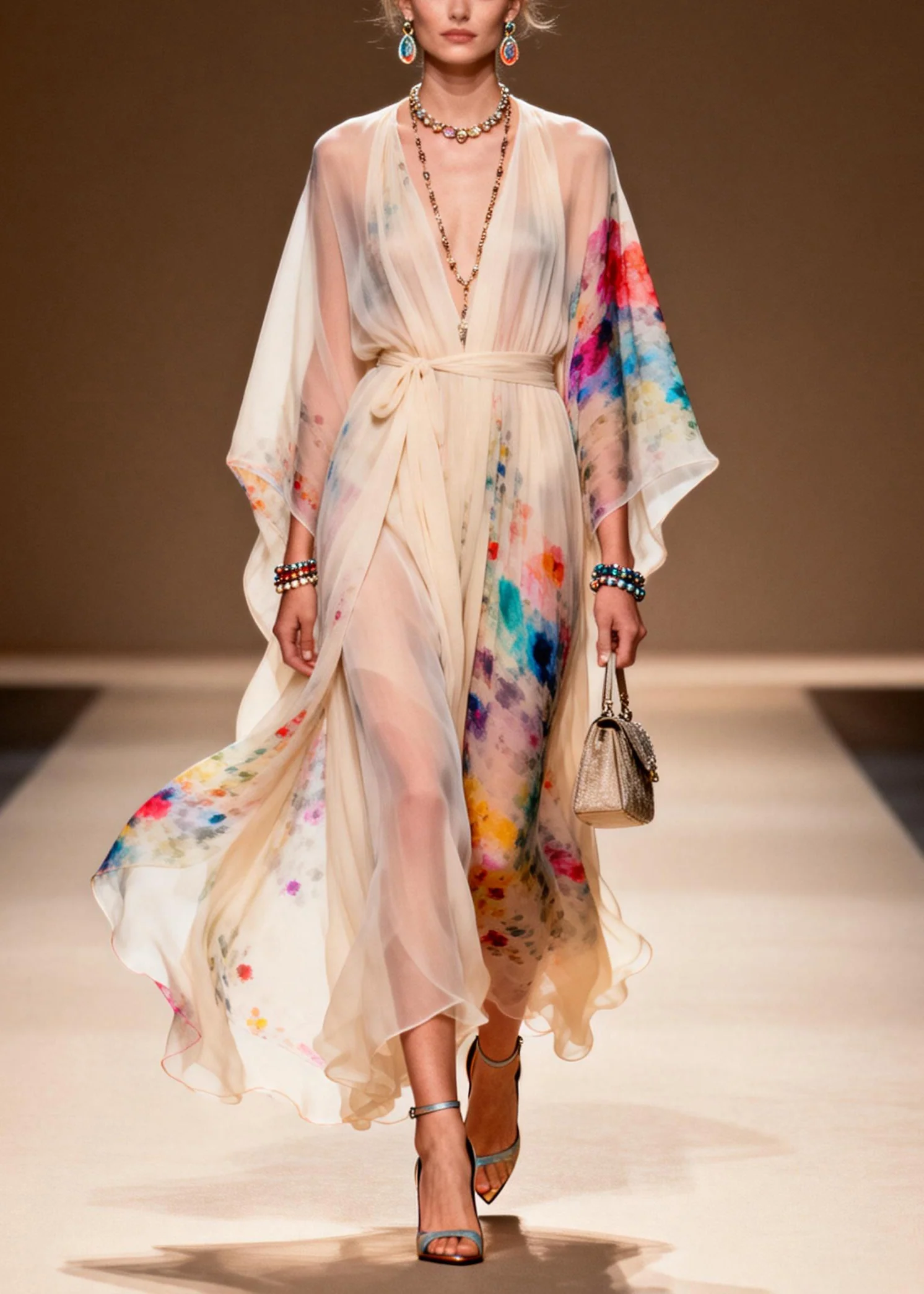 Boho Apricot Tie Waist Print Chiffon Ankle Dress Summer - Image 3