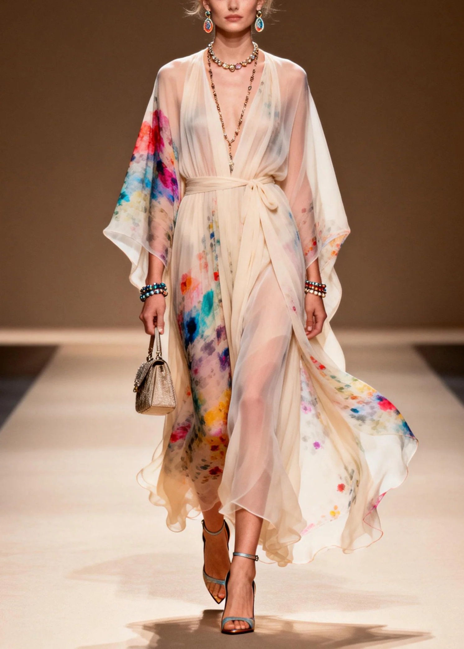 Boho Apricot Tie Waist Print Chiffon Ankle Dress Summer - Image 5