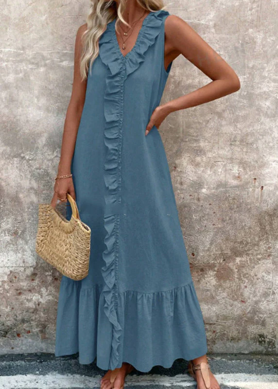 Boho Apricot V Neck Ruffled Patchwork Maxi Dresses Summer - Image 2