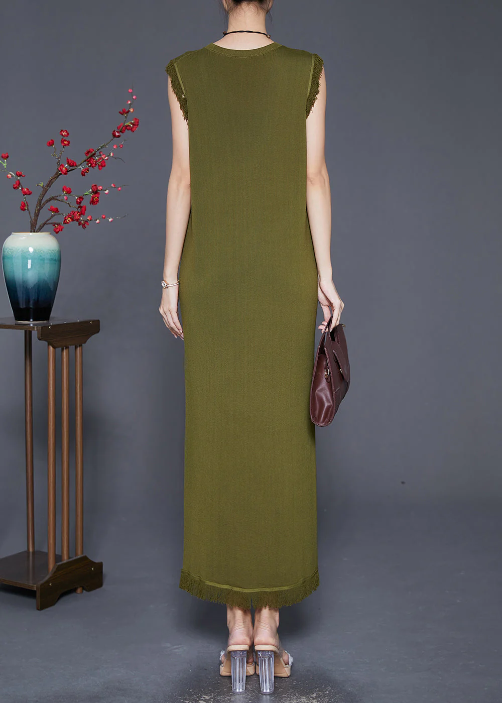 Boho Army Green Tasseled Slim Fit Knit Dresses Sleeveless - Image 4