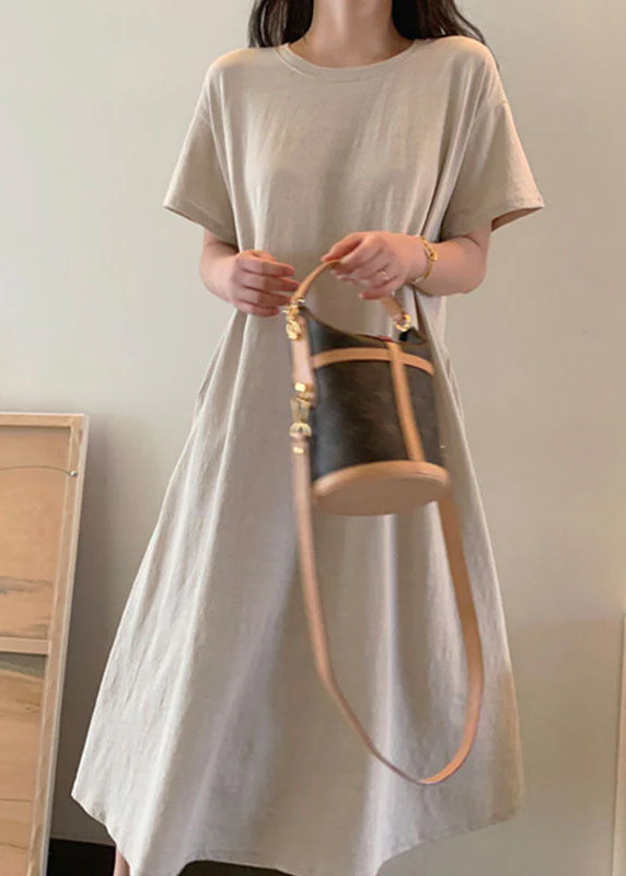 Boho Beige Loose Cotton Maxi Dress Short Sleeve - Image 2