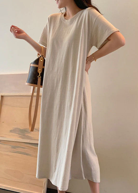 Boho Beige Loose Cotton Maxi Dress Short Sleeve - Image 3