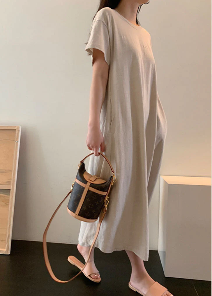 Boho Beige Loose Cotton Maxi Dress Short Sleeve - Image 5