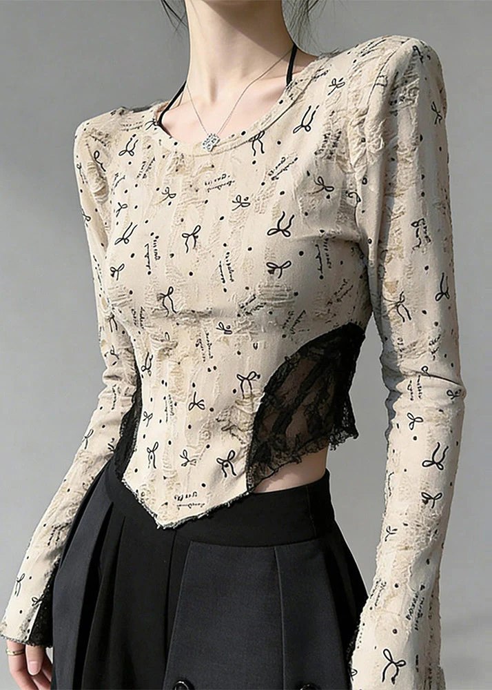 Boho Beige Print Lace Patchwork Cotton Blouses Flare Sleeve - Image 3