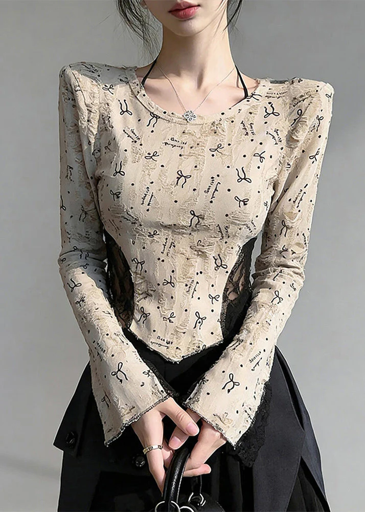 Boho Beige Print Lace Patchwork Cotton Blouses Flare Sleeve - Image 4
