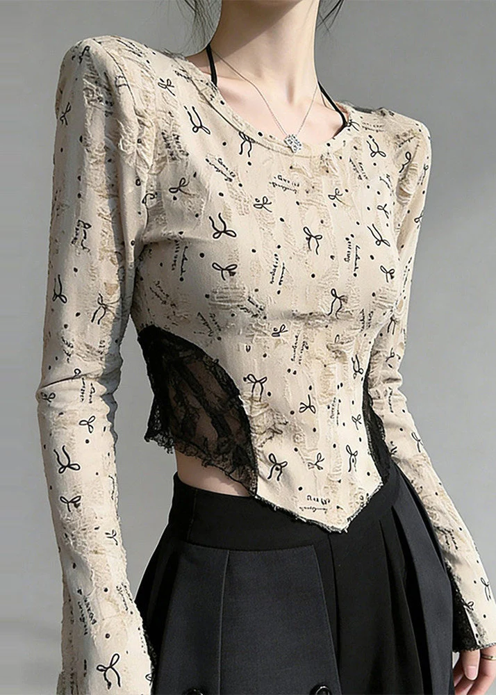 Boho Beige Print Lace Patchwork Cotton Blouses Flare Sleeve - Image 5