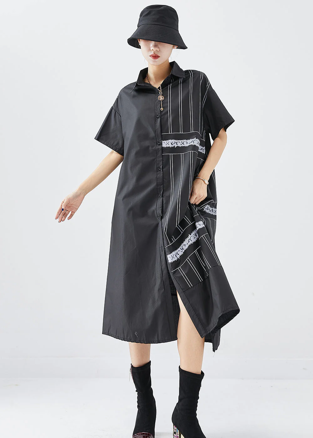 Boho Black Asymmetrical Patchwork Cotton Dress Summer - Image 2