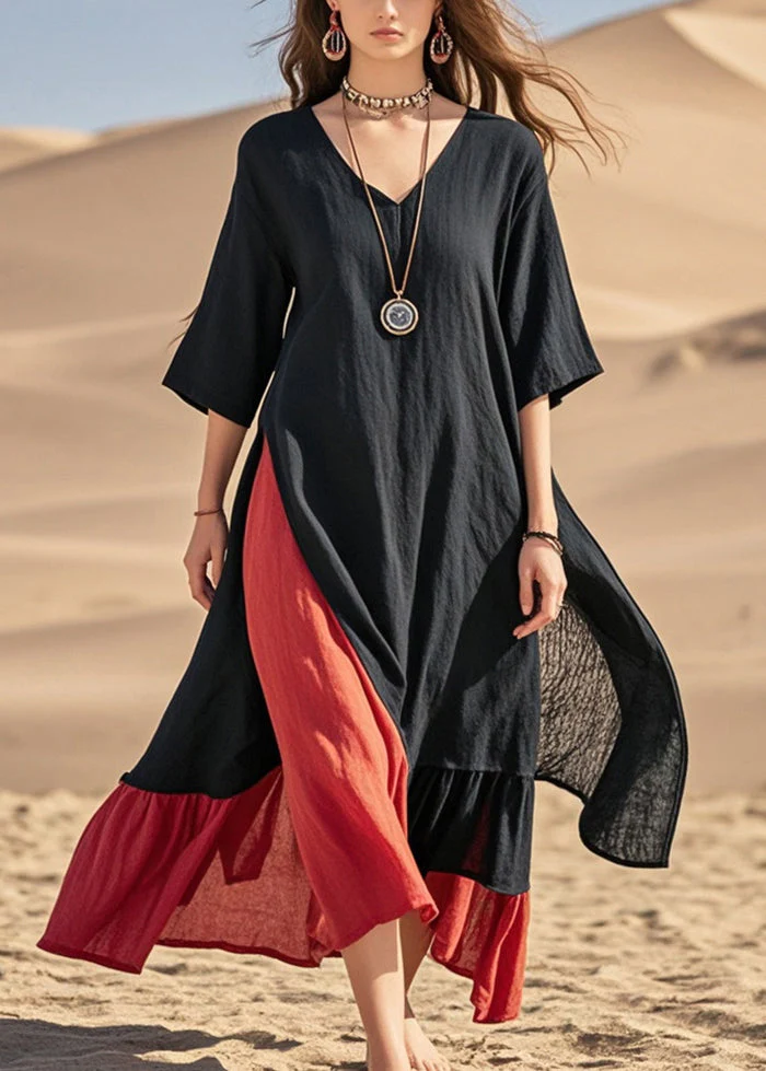 Boho Black Asymmetrical Patchwork Cotton Maxi Dresses Summer - Image 3