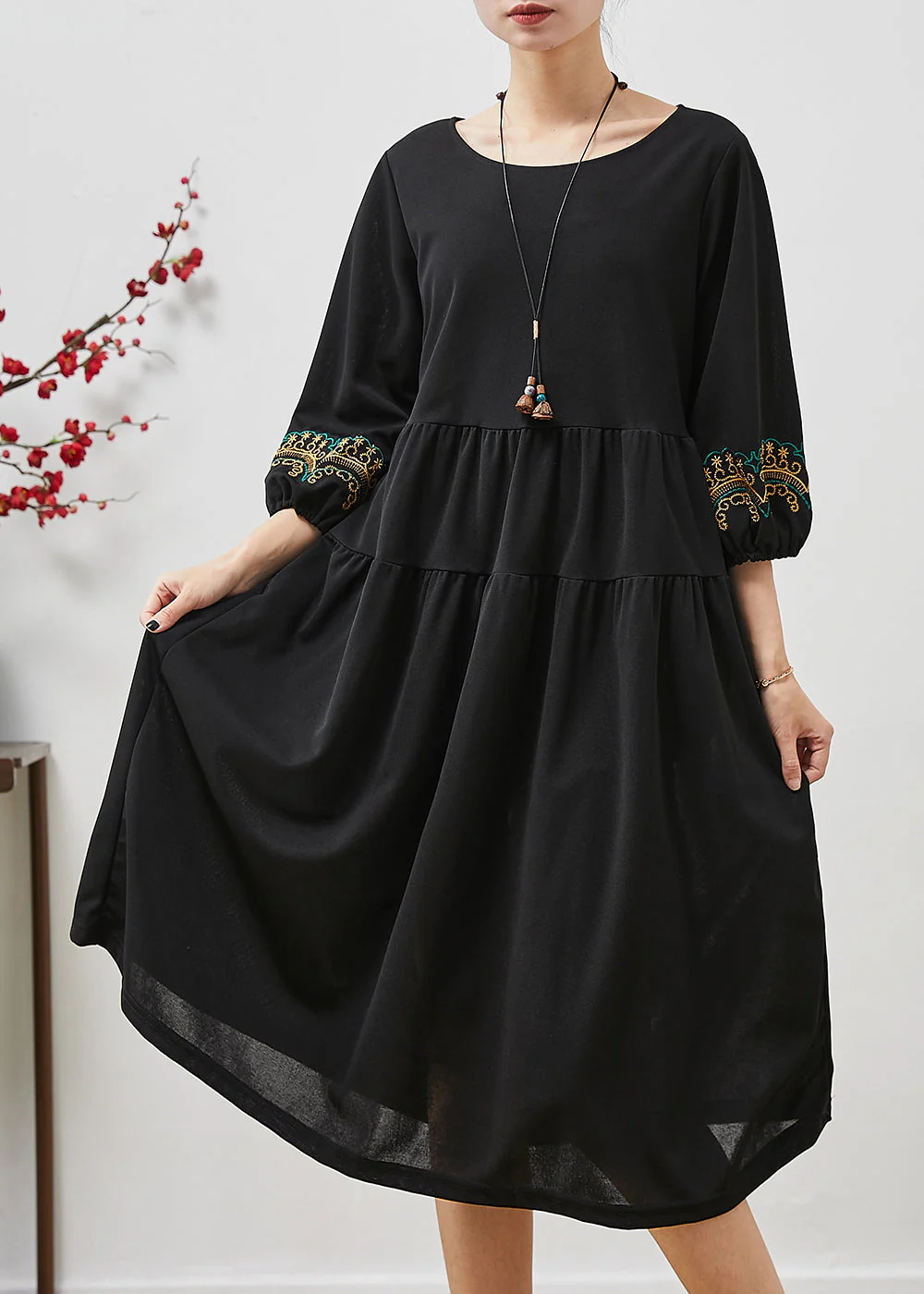 Boho Black Embroidered Oversized Robe Dresses Bracelet Sleeve - Image 2